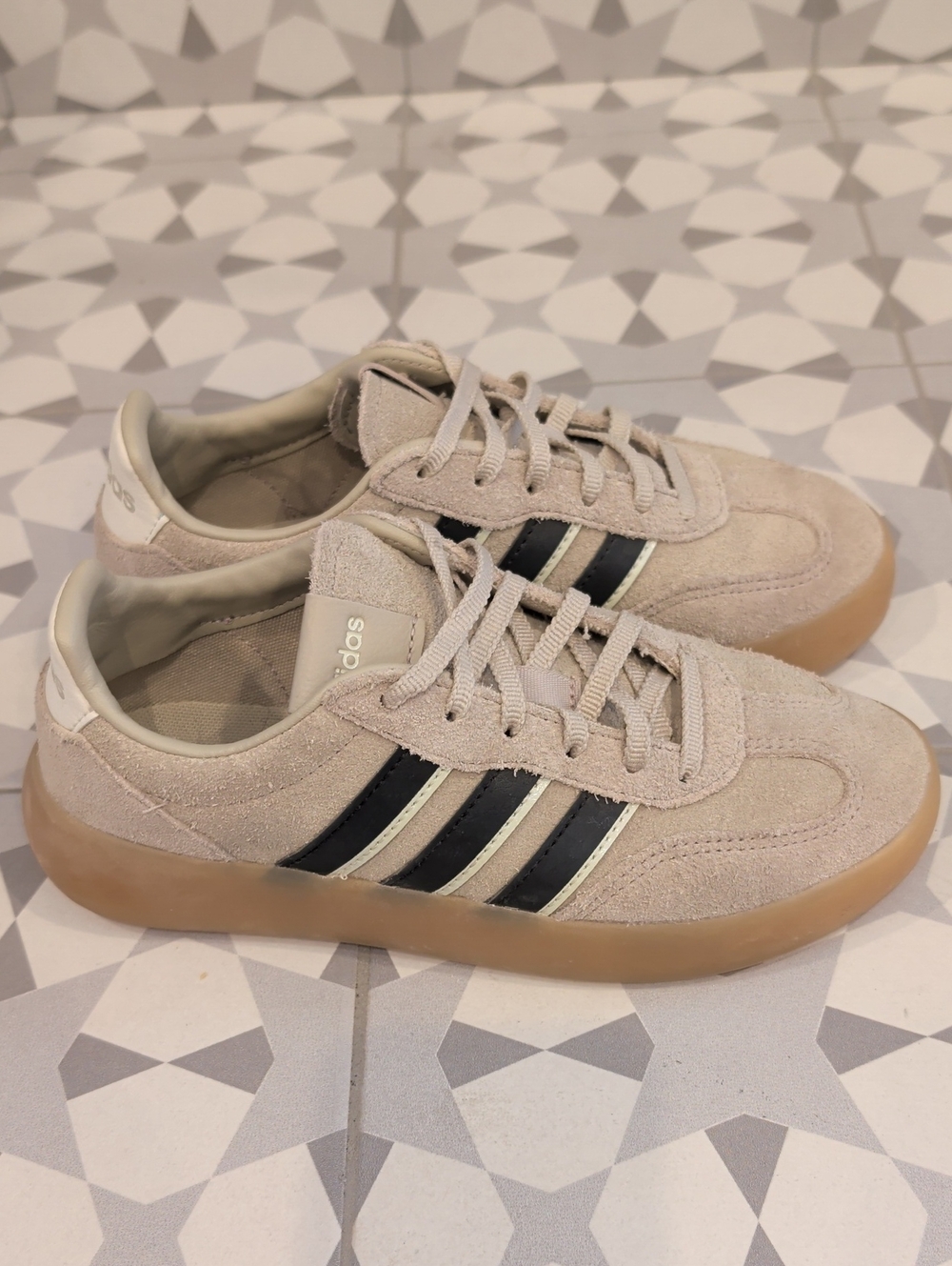 adidas Beige Suede Sneakers with Black Stripes and Gum Sole